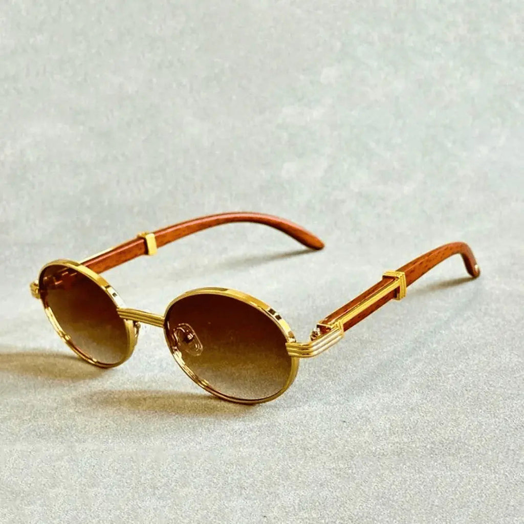 Round Metal Frame Sunglasses - Wood-Effect Temples