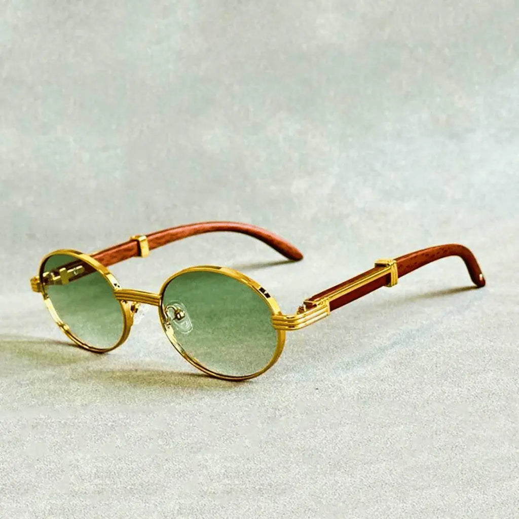 Round Metal Frame Sunglasses - Wood-Effect Temples