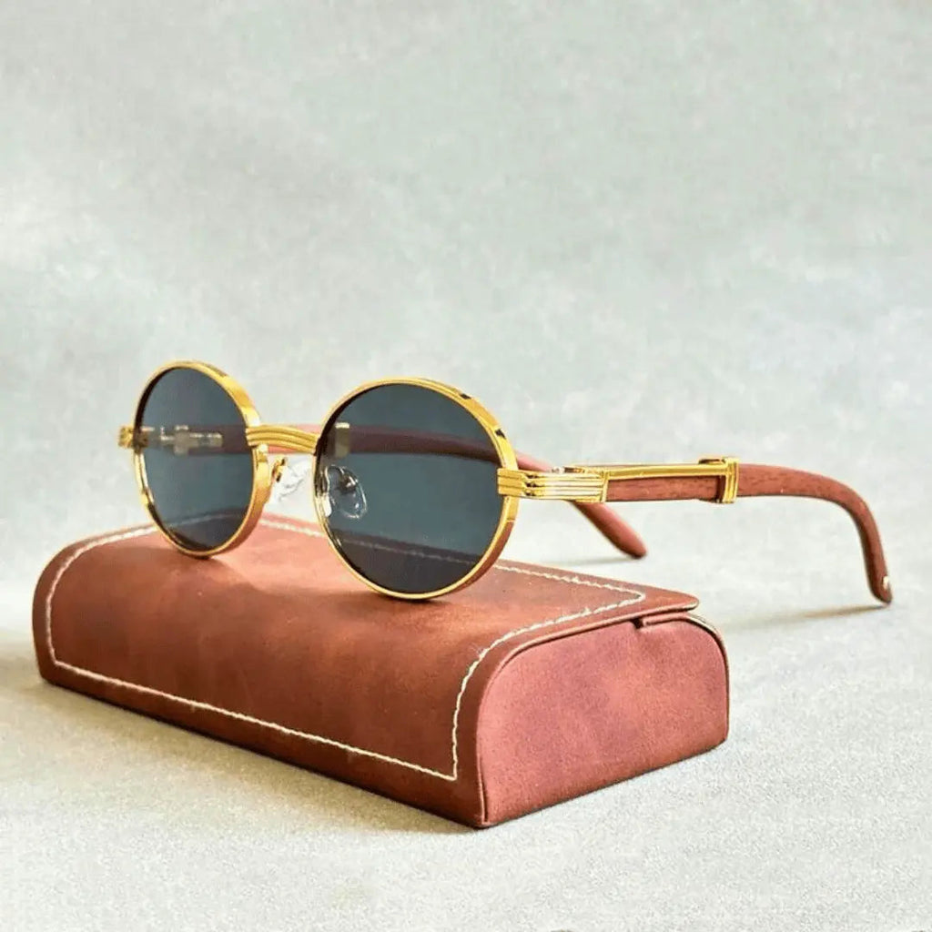 Round Metal Frame Sunglasses - Wood-Effect Temples