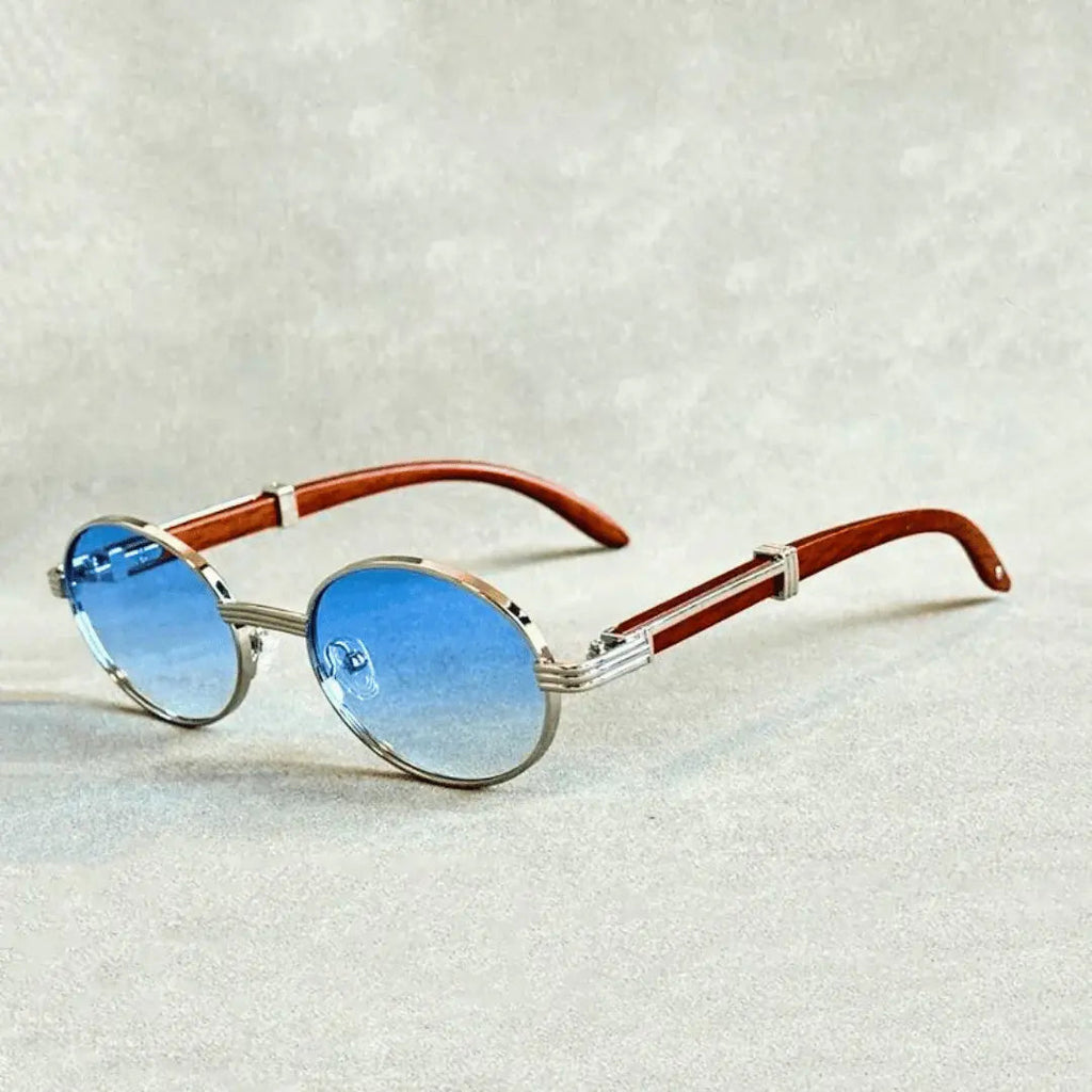 Round Metal Frame Sunglasses - Wood-Effect Temples