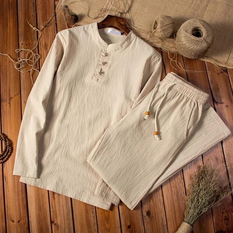 Men's Two Piece Set - Long Sleeve Frog Button Top - Elasticated Drawstring Trousers - Relaxed Fit