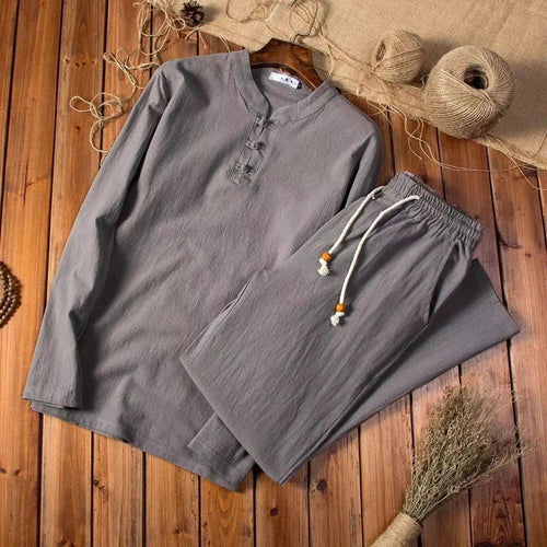 Men's Two Piece Set - Long Sleeve Frog Button Top - Elasticated Drawstring Trousers - Relaxed Fit