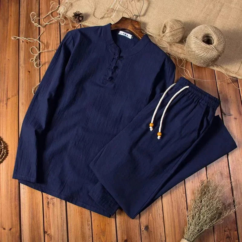 Men's Two Piece Set - Long Sleeve Frog Button Top - Elasticated Drawstring Trousers - Relaxed Fit