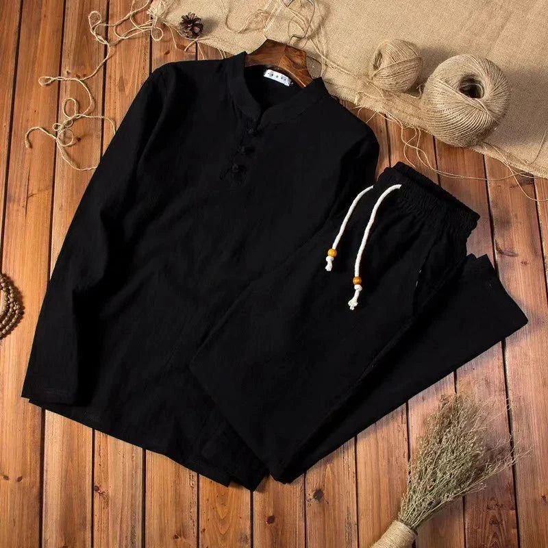 Men's Two Piece Set - Long Sleeve Frog Button Top - Elasticated Drawstring Trousers - Relaxed Fit