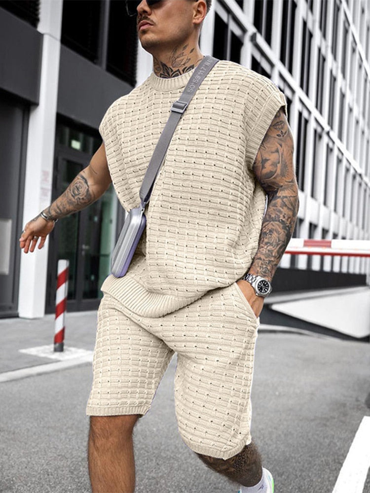 Men's Knit Short Set - Sleeveless Crew Neck Top - Open Weave Texture - Elasticated Shorts