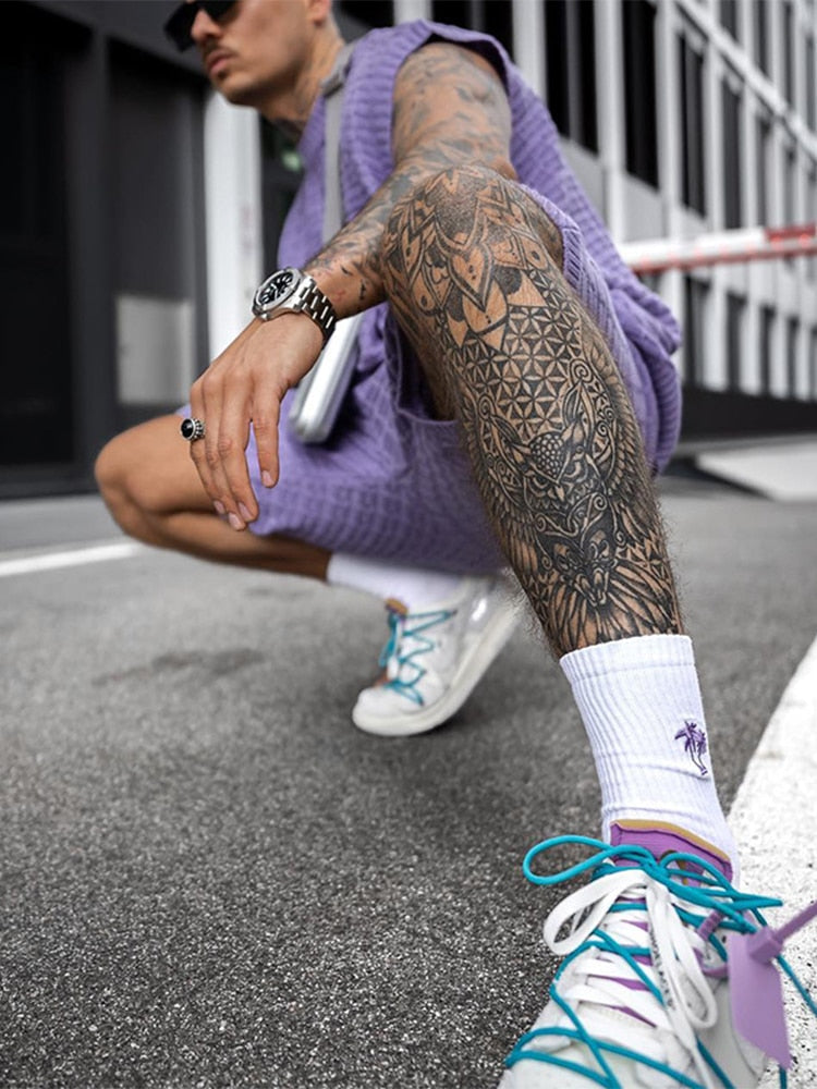 Men's Knit Short Set - Sleeveless Crew Neck Top - Open Weave Texture - Elasticated Shorts