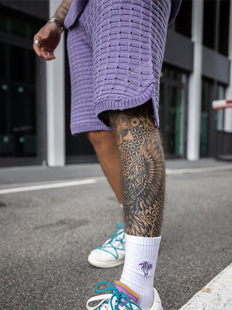 Men's Knit Short Set - Sleeveless Crew Neck Top - Open Weave Texture - Elasticated Shorts