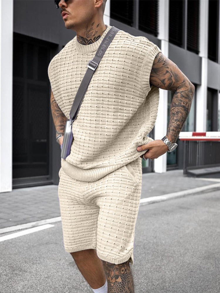 Men's Knit Short Set - Sleeveless Crew Neck Top - Open Weave Texture - Elasticated Shorts