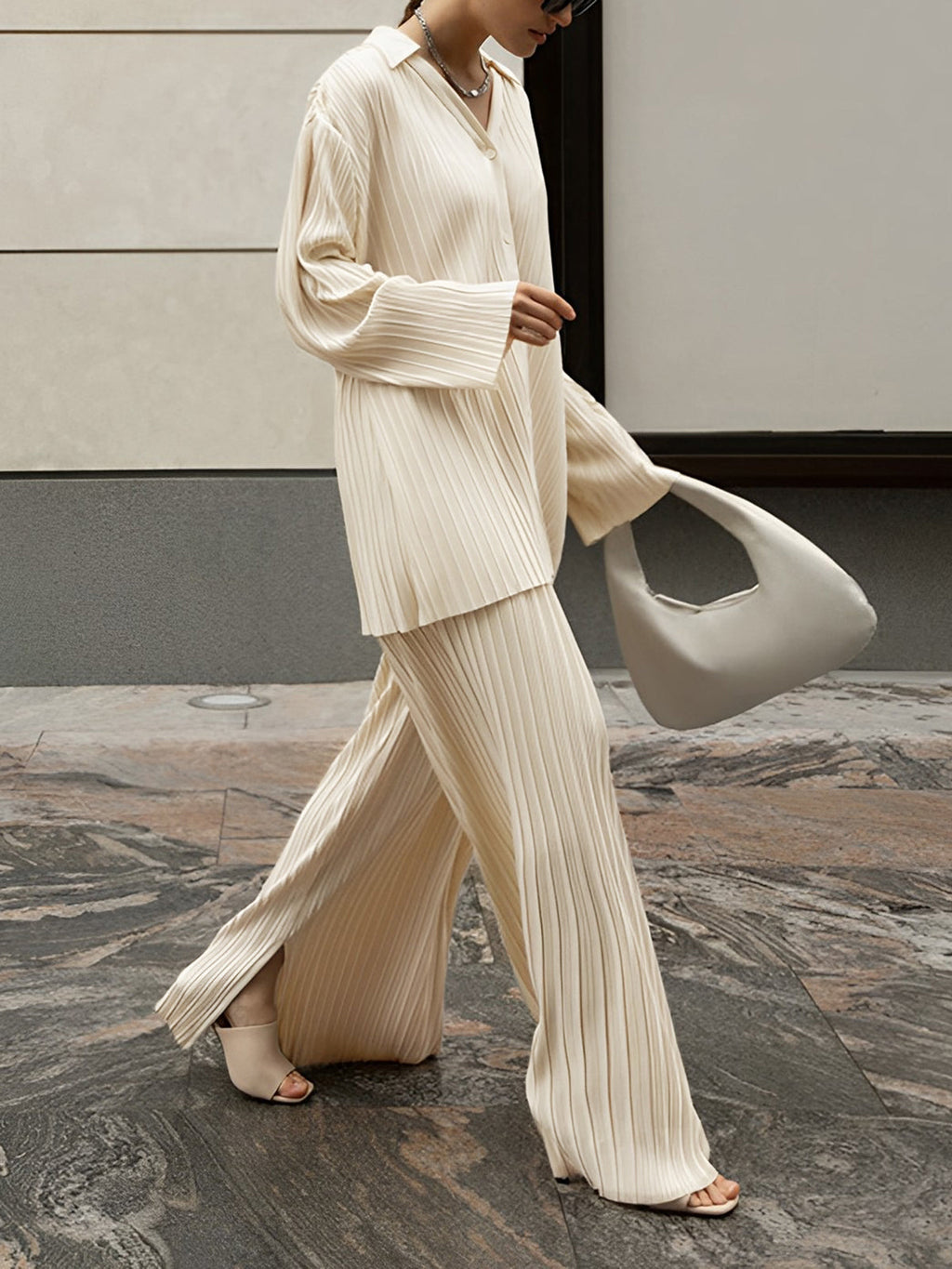 Women's Pleated Two Piece Set with Oversized Long-Sleeve Shirt and Wide-Leg Trousers with Side Split