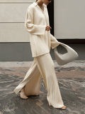 Women's Pleated Two Piece Set with Oversized Long-Sleeve Shirt and Wide-Leg Trousers with Side Split