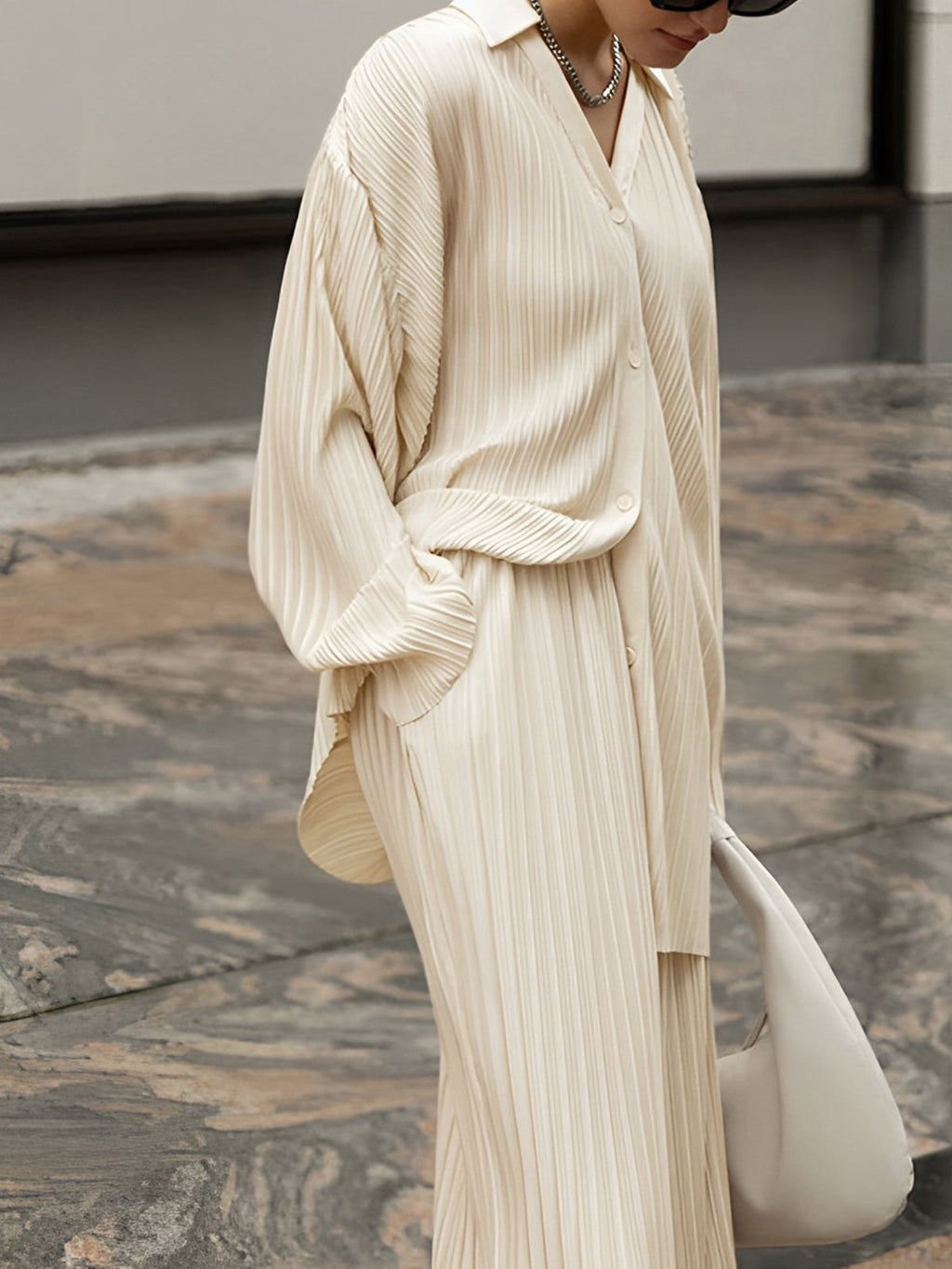 Women's Pleated Two Piece Set with Oversized Long-Sleeve Shirt and Wide-Leg Trousers with Side Split