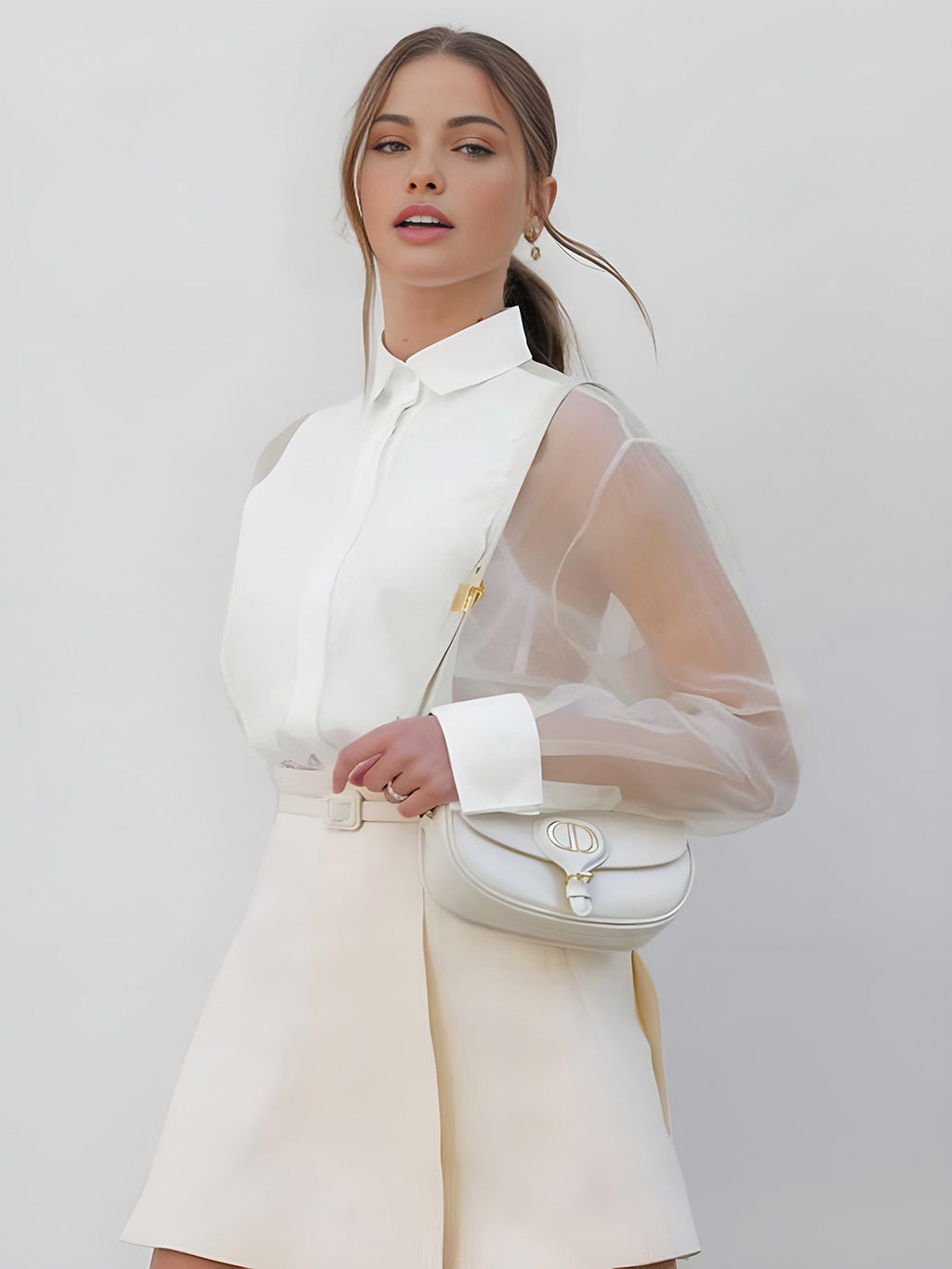 Women’s Long Sleeve Sheer Sleeve Blouse with Collar and Button Front
