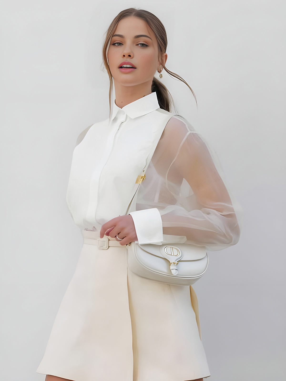 Women’s Long Sleeve Sheer Sleeve Blouse with Collar and Button Front