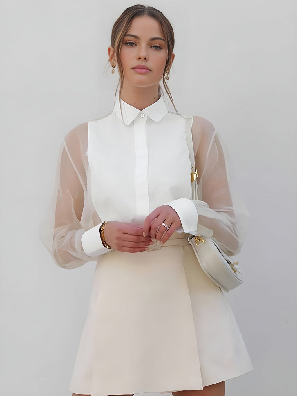 Women’s Long Sleeve Sheer Sleeve Blouse with Collar and Button Front