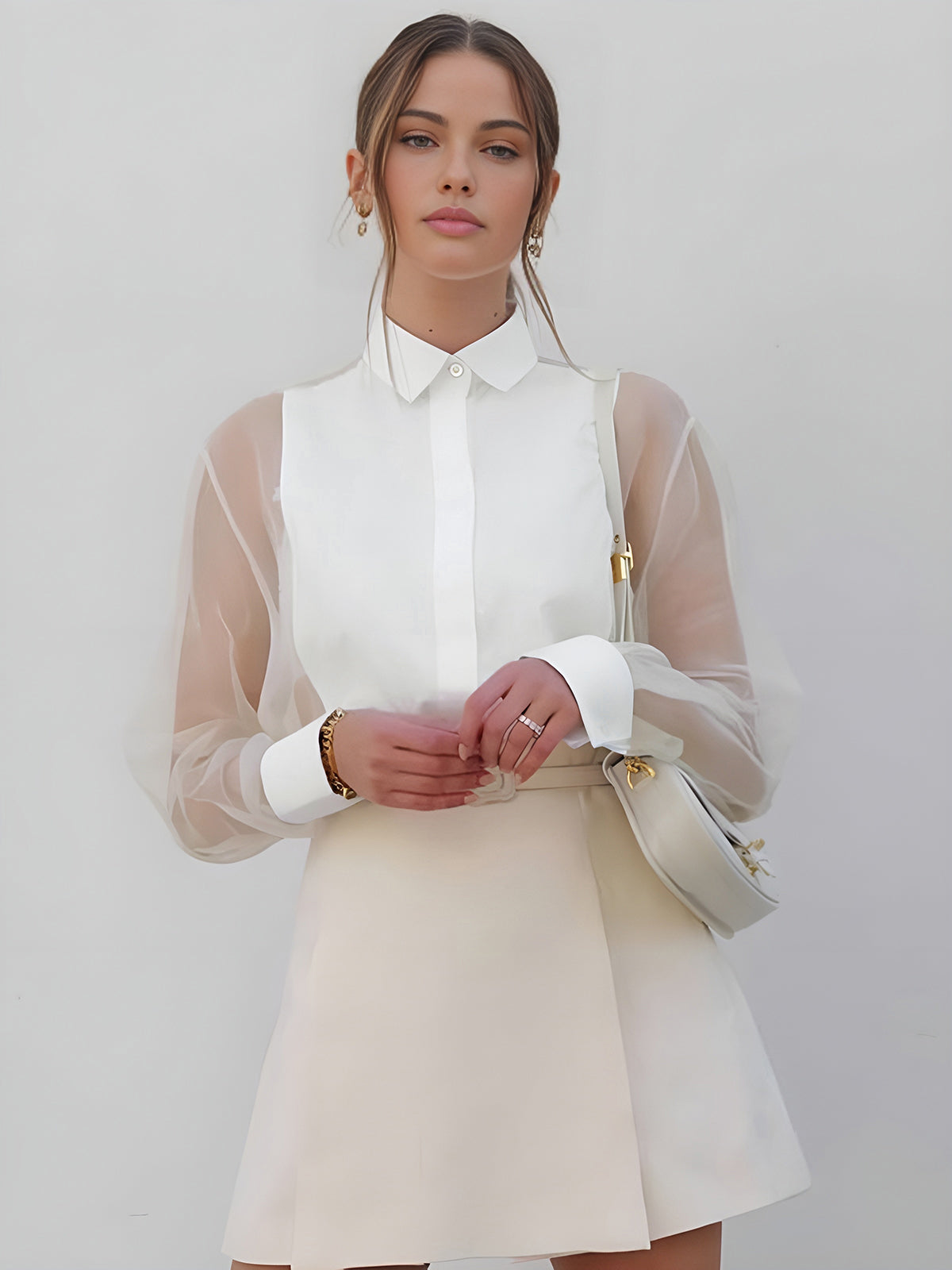 Women’s Long Sleeve Sheer Sleeve Blouse with Collar and Button Front
