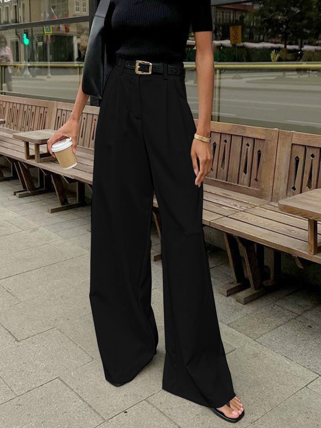 Women’s High Waist Wide Leg Trousers with Pleats and Side Pockets