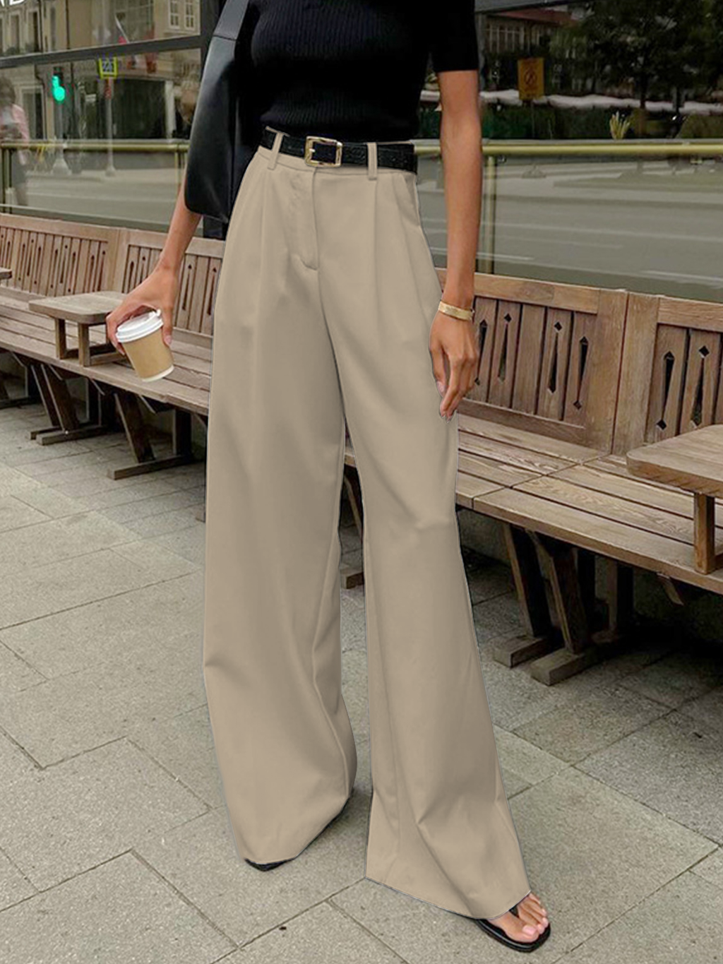 Women’s High Waist Wide Leg Trousers with Pleats and Side Pockets