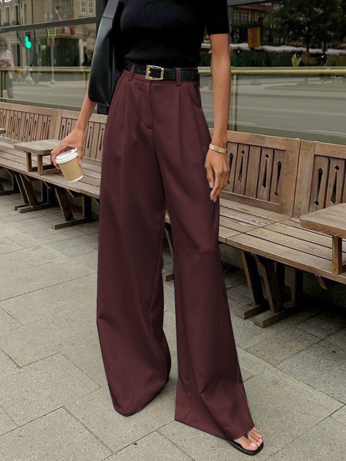 Women’s High Waist Wide Leg Trousers with Pleats and Side Pockets