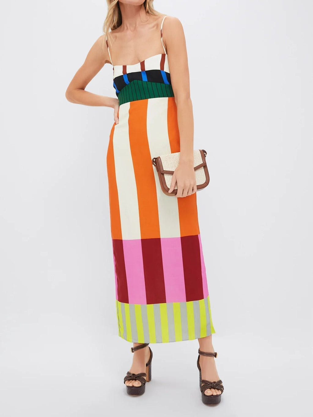 Women’s Strappy Colour Block Maxi Dress with Smocked Bodice and Back Split