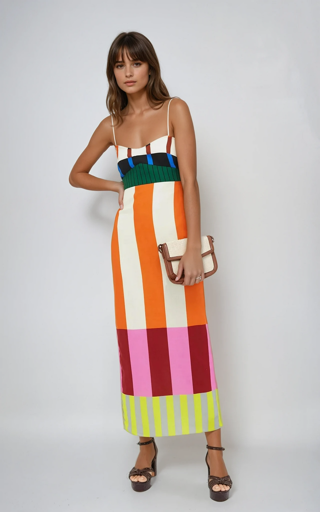 Women’s Strappy Colour Block Maxi Dress with Smocked Bodice and Back Split