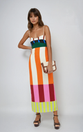 Women’s Strappy Colour Block Maxi Dress with Smocked Bodice and Back Split