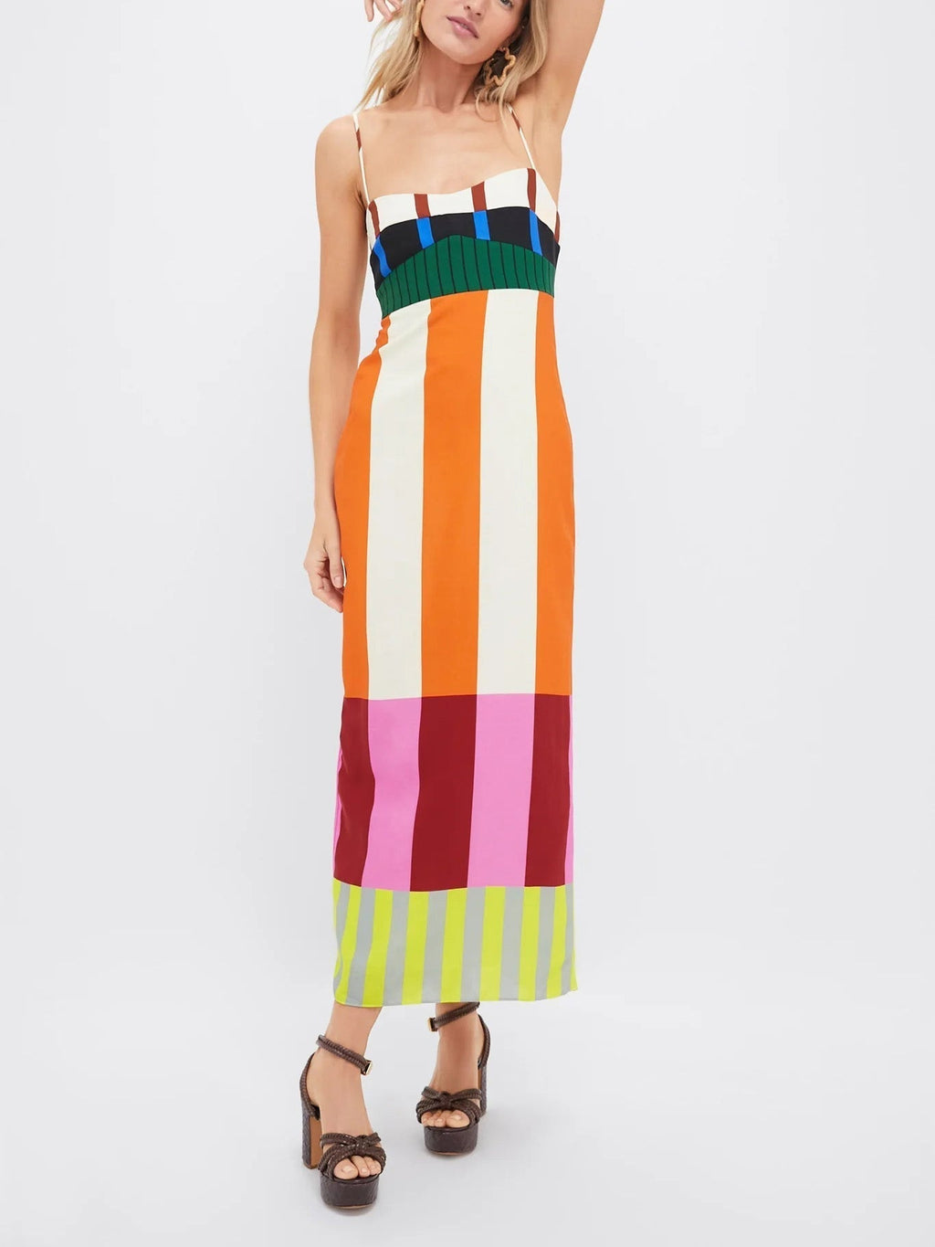 Women’s Strappy Colour Block Maxi Dress with Smocked Bodice and Back Split