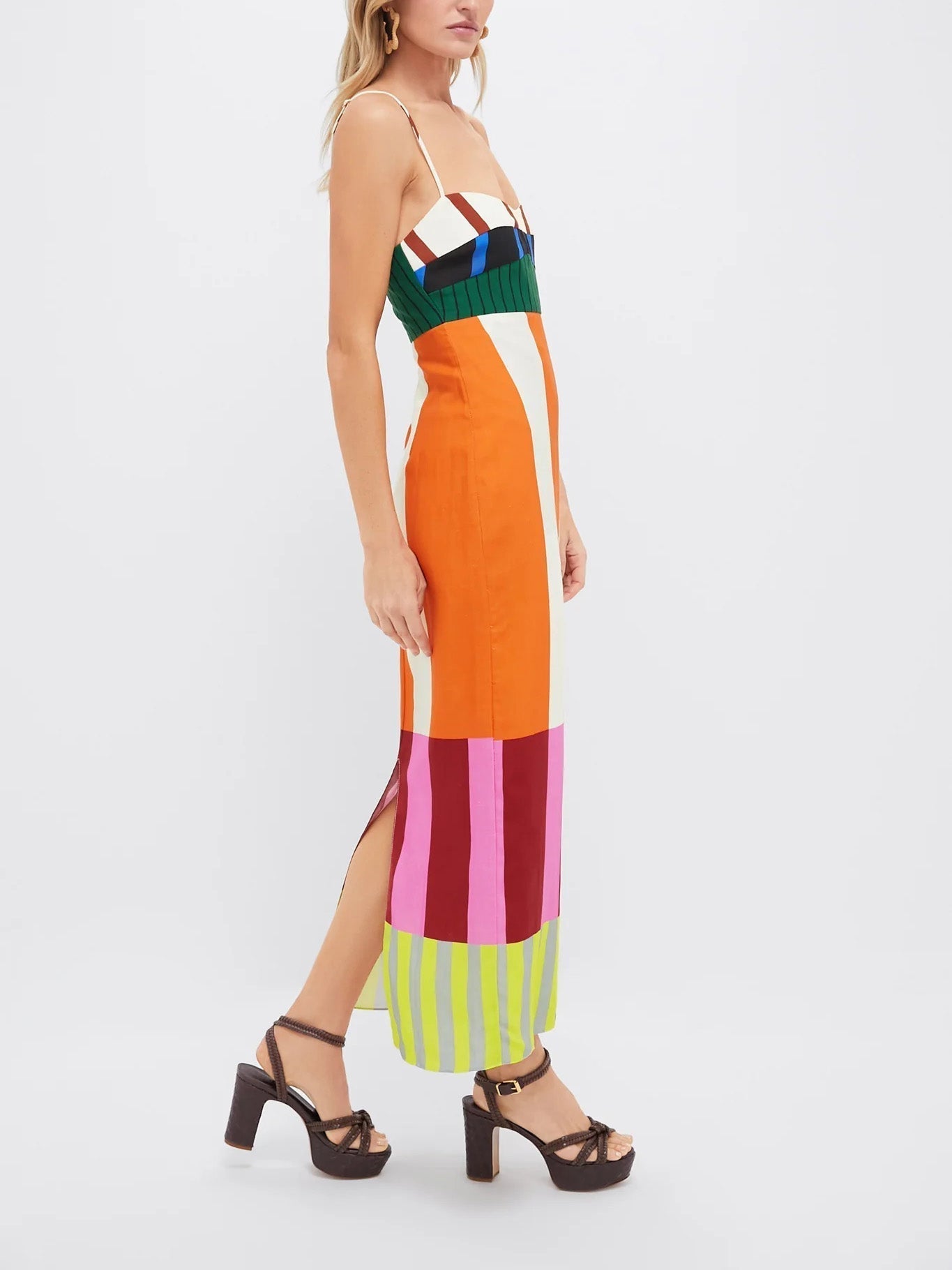 Women’s Strappy Colour Block Maxi Dress with Smocked Bodice and Back Split
