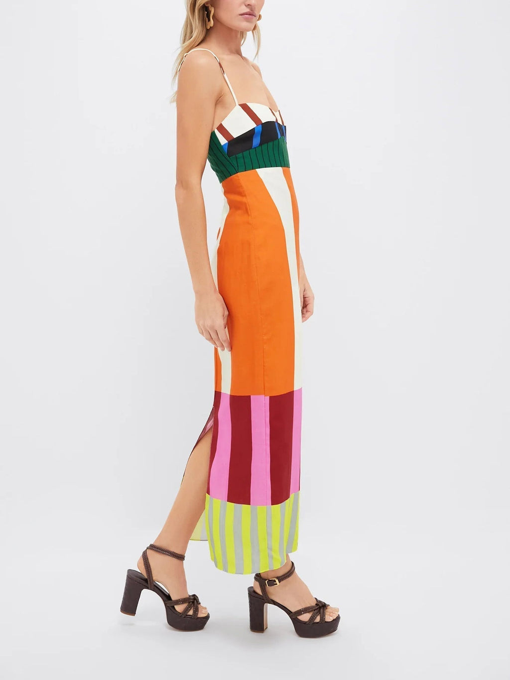 Women’s Strappy Colour Block Maxi Dress with Smocked Bodice and Back Split