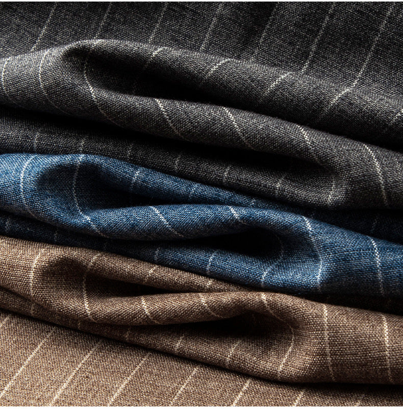 Men's Vertical Pinstripe Tapered Trousers - Smart Casual Pants with Elastic Waist and Pockets