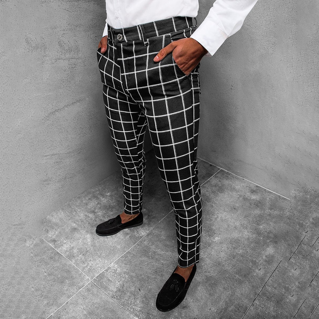 Men's Plaid Check Slim Tapered Leg Chino Trousers with Button and Zip Fly