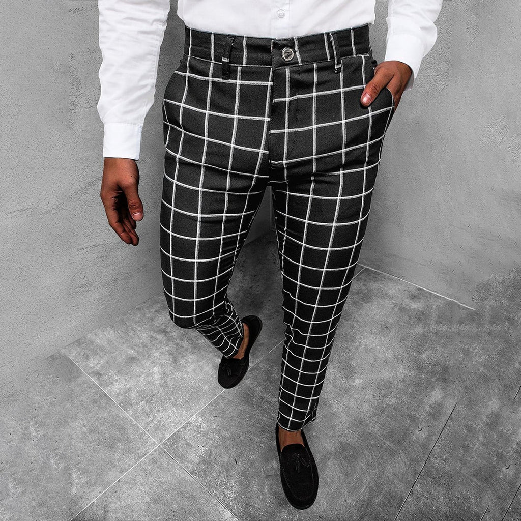 Men's Plaid Check Slim Tapered Leg Chino Trousers with Button and Zip Fly