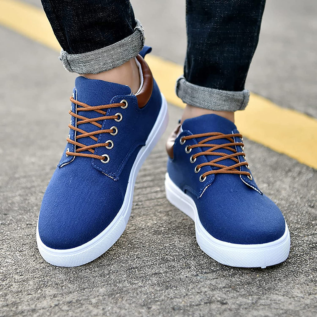 Men's Lace-Up Canvas Trainers - Low-Top Flat Sole with Contrast Heel Tab