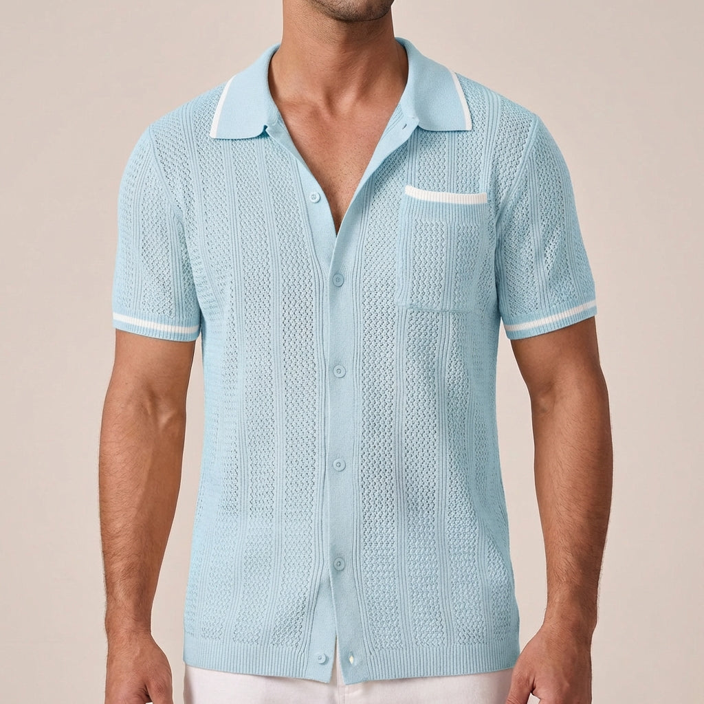Men's Short-Sleeve Openwork Shirt - Casual Summer Camp Collar Button-Front Shirt with Contrast Tips