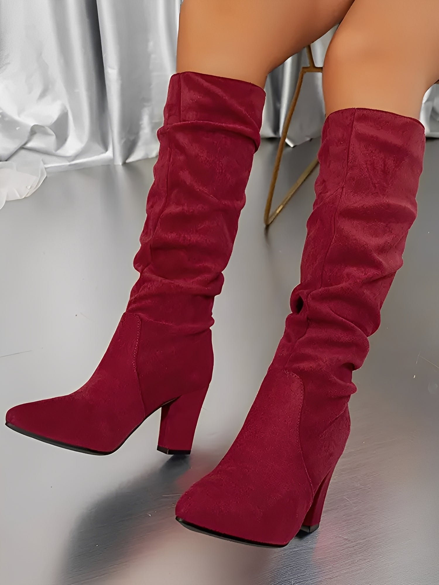 Women's Knee High Boots - Slouch Block Heel Pointed Toe Pull-On Style - Suede Finish