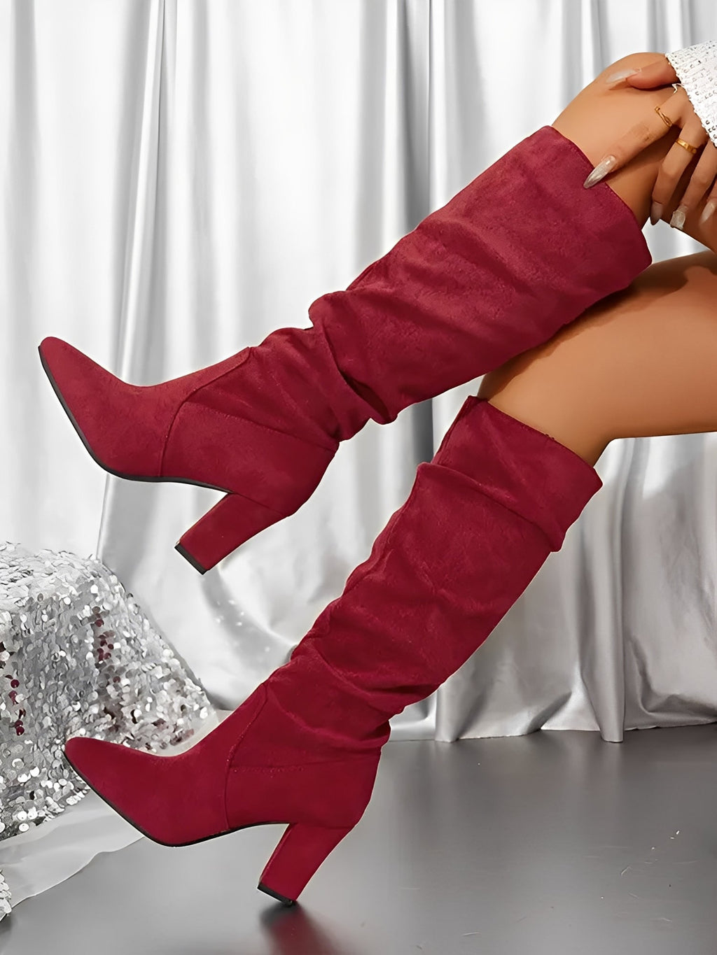 Women's Knee High Boots - Slouch Block Heel Pointed Toe Pull-On Style - Suede Finish