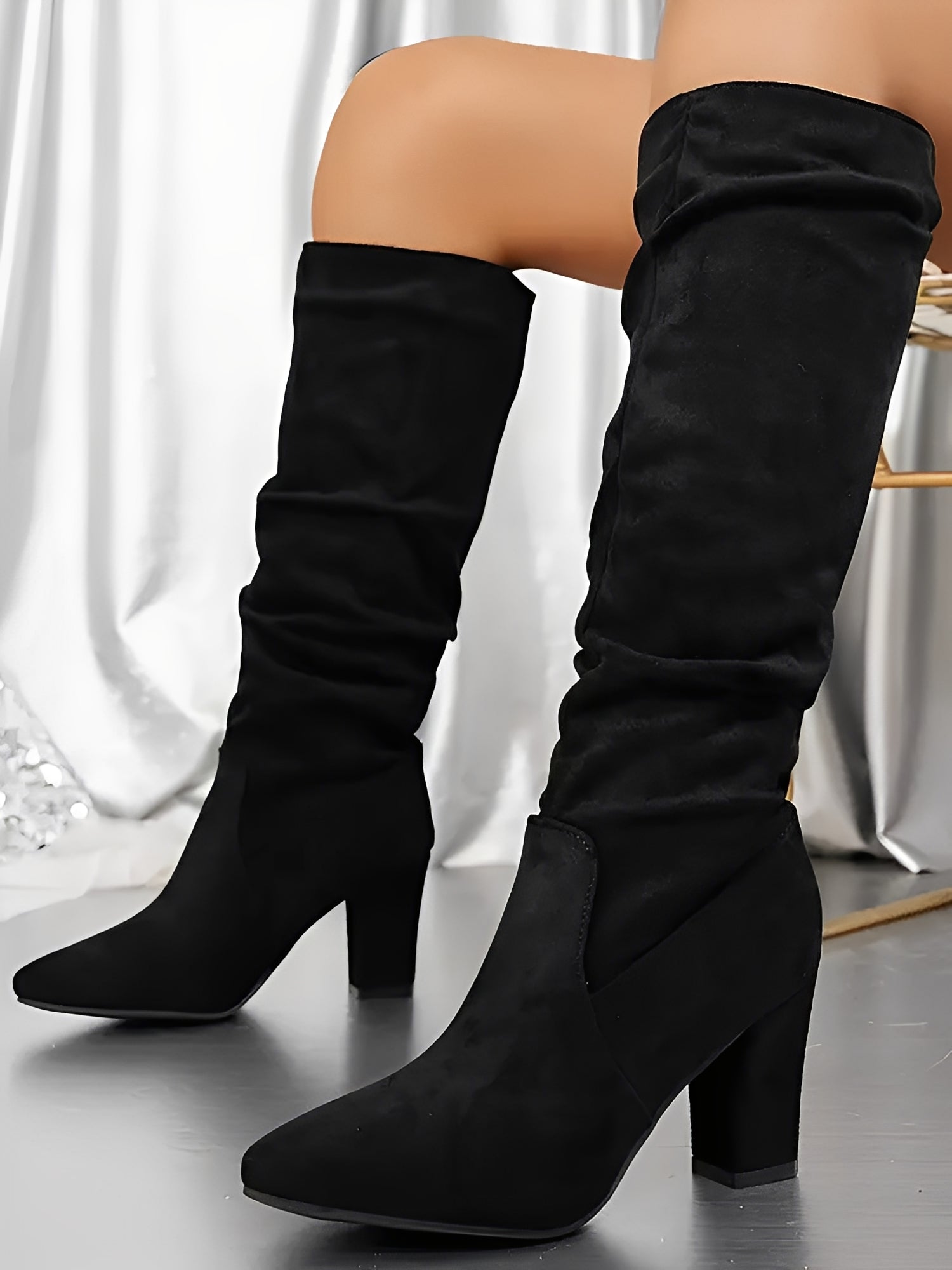 Women's Knee High Boots - Slouch Block Heel Pointed Toe Pull-On Style - Suede Finish