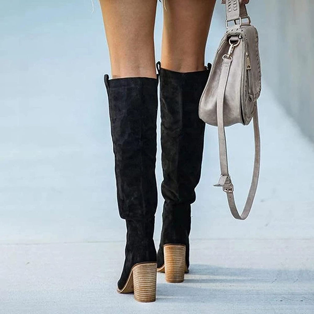 Women's Knee High Boots - Block Heel Pointed Toe Pull-On Style - Suede Finish