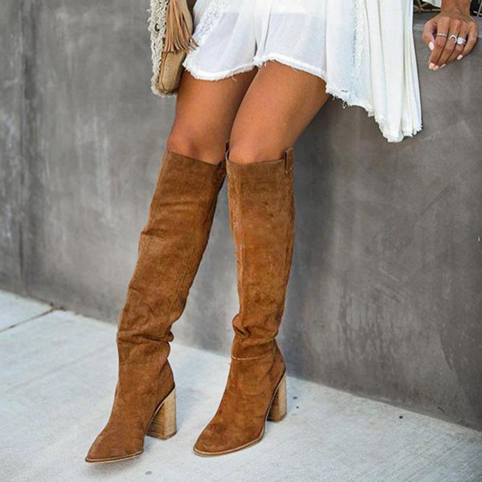 Women's Knee High Boots - Block Heel Pointed Toe Pull-On Style - Suede Finish