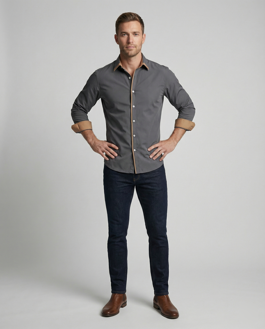 Men's Slim Fit Long Sleeve Button-Down Shirt - Contrast Lining, Trim, and Cuffs