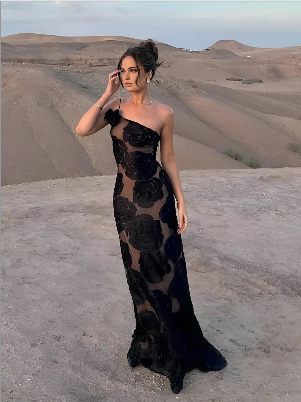 Women's Elegant One-Shoulder Maxi Dress - Floor-Length Fitted Formal Dress with Sheer Rose Detail