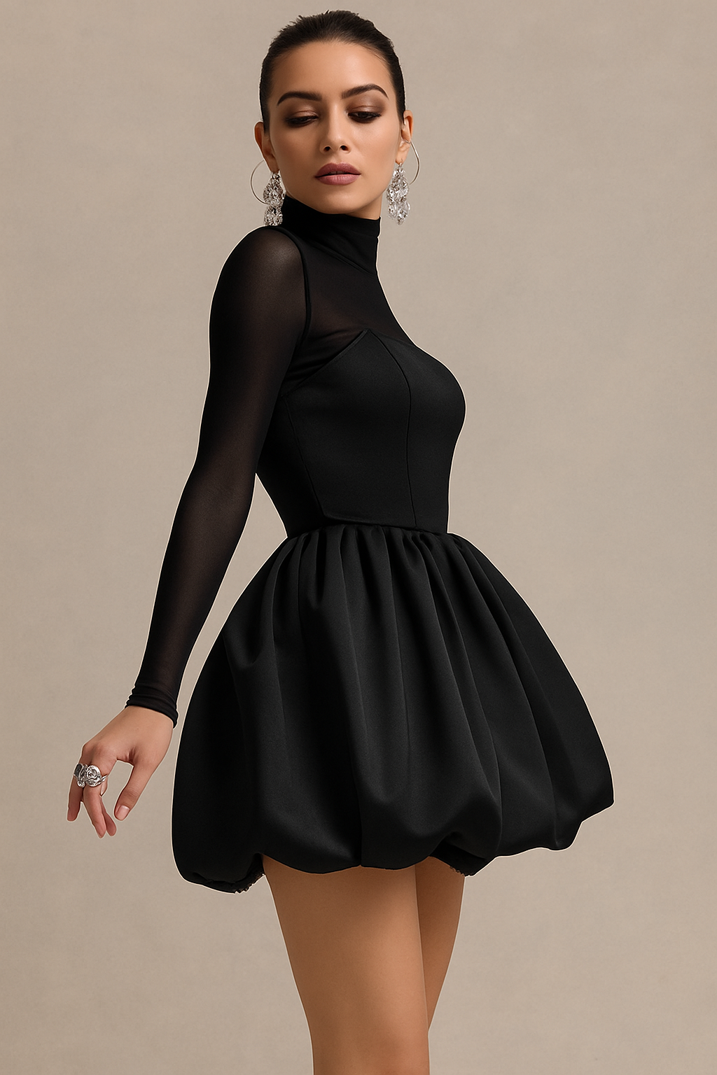 Women’s High Neck Long Sleeve Mini Dress with Sculpted Puff Skirt