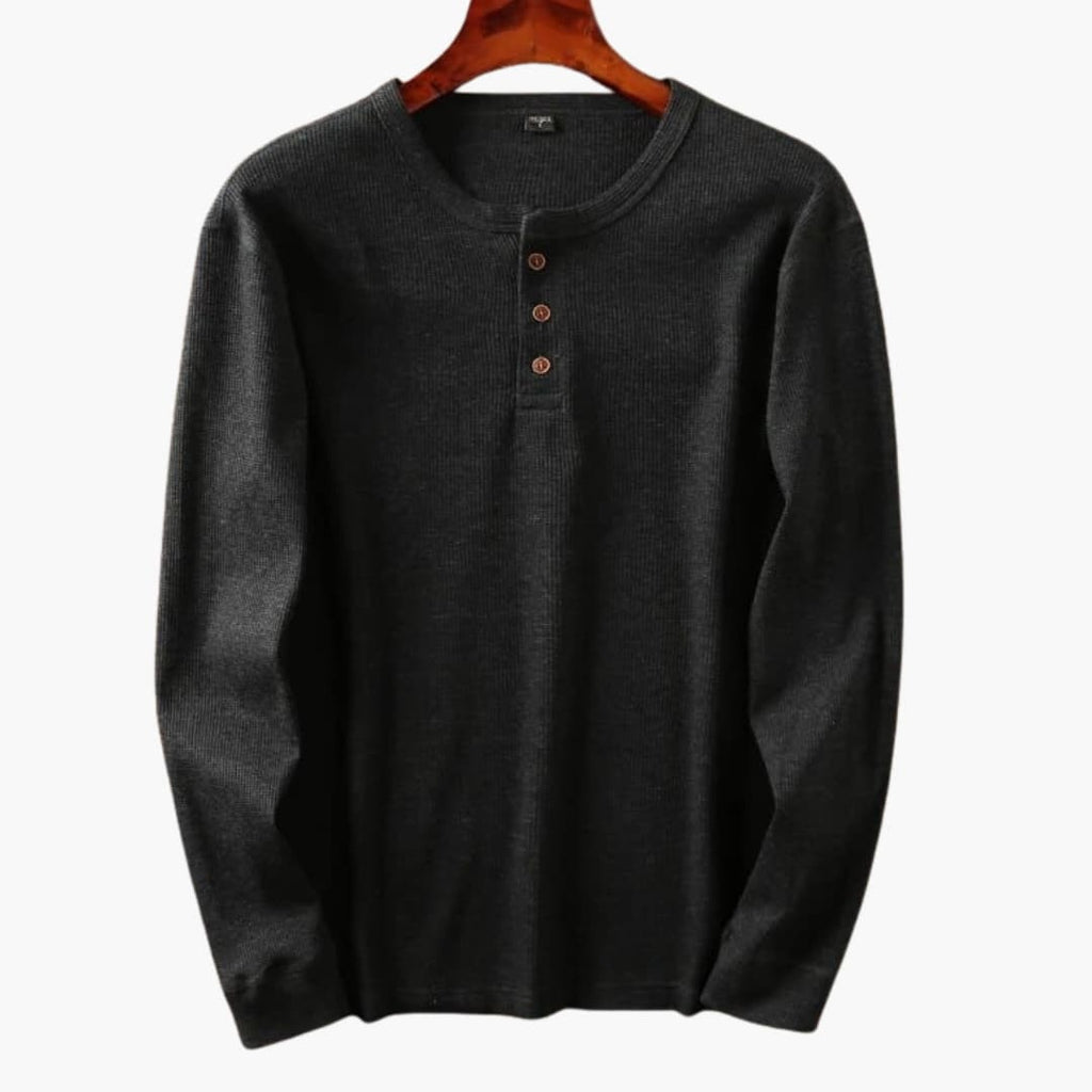 Men's Long Sleeve Henley Top - Waffle Knit - Three-Button Placket - Collarless Round Neck - Relaxed Fit