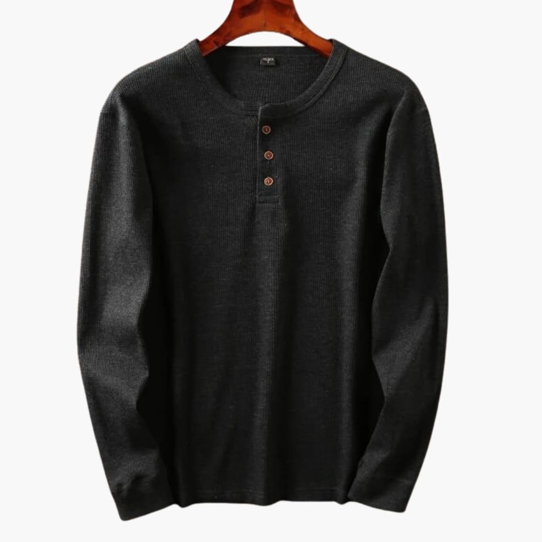 Men's Long Sleeve Henley Top - Waffle Knit - Three-Button Placket - Collarless Round Neck - Relaxed Fit