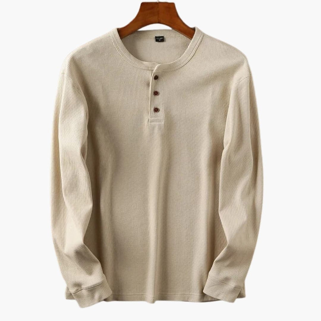 Men's Long Sleeve Henley Top - Waffle Knit - Three-Button Placket - Collarless Round Neck - Relaxed Fit