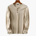 Men's Long Sleeve Henley Top - Waffle Knit - Three-Button Placket - Collarless Round Neck - Relaxed Fit