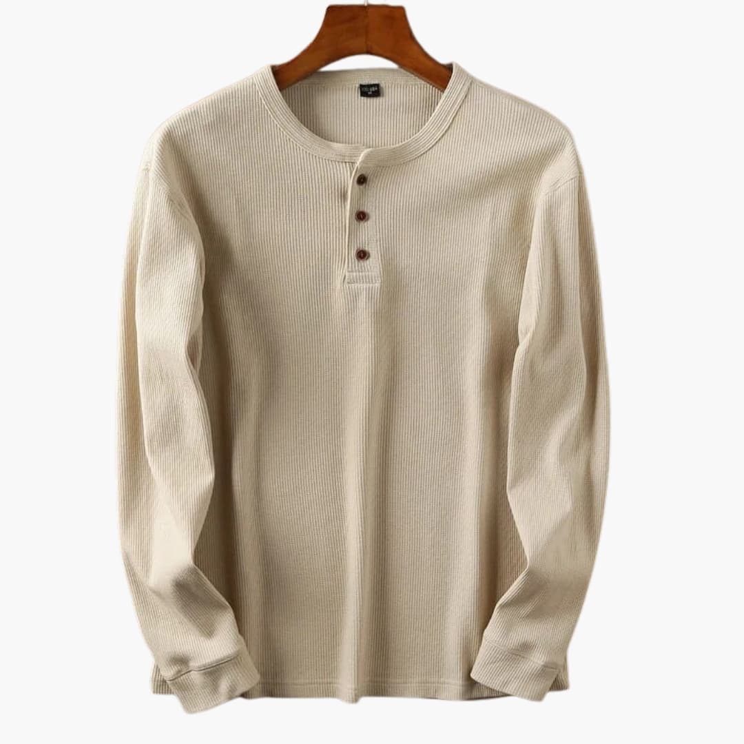 Men's Long Sleeve Henley Top - Waffle Knit - Three-Button Placket - Collarless Round Neck - Relaxed Fit