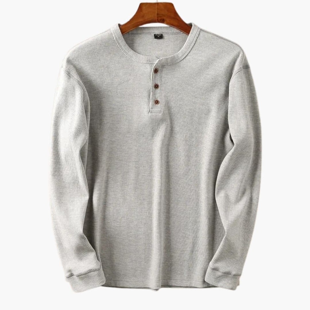 Men's Long Sleeve Henley Top - Waffle Knit - Three-Button Placket - Collarless Round Neck - Relaxed Fit