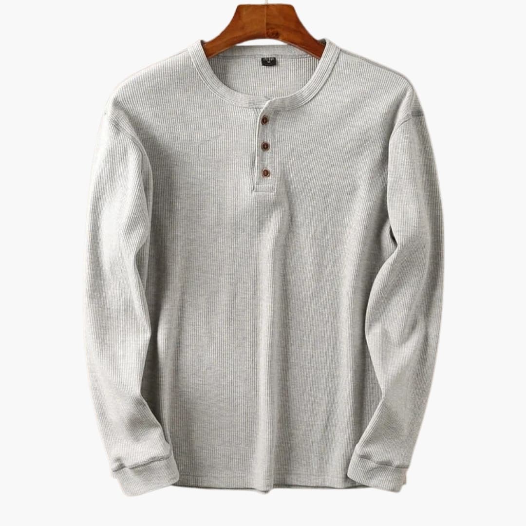 Men's Long Sleeve Henley Top - Waffle Knit - Three-Button Placket - Collarless Round Neck - Relaxed Fit