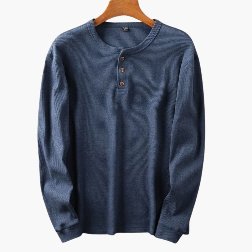 Men's Long Sleeve Henley Top - Waffle Knit - Three-Button Placket - Collarless Round Neck - Relaxed Fit