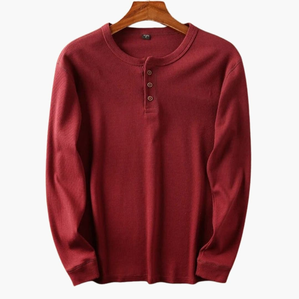 Men's Long Sleeve Henley Top - Waffle Knit - Three-Button Placket - Collarless Round Neck - Relaxed Fit